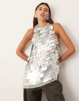 ARRANGE embellished shard sequin longline halter neck top in silver | ASOS (Global)