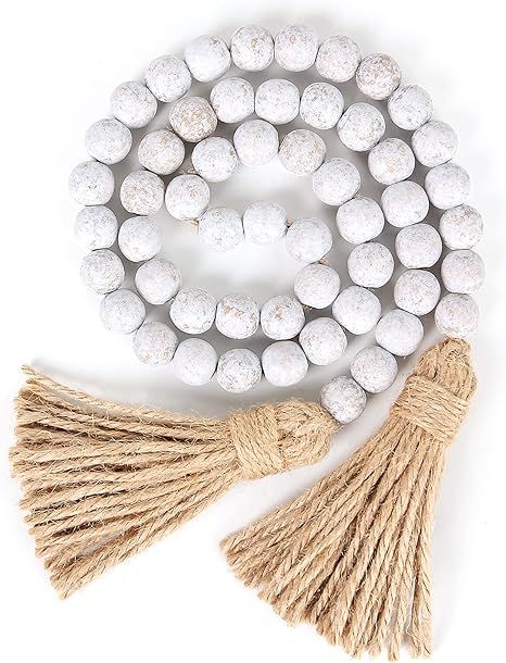 Wood Bead Garland Farmhouse Beads with Tassels,Farmhouse Tassel Garland Country Wall Hanging Deco... | Amazon (US)