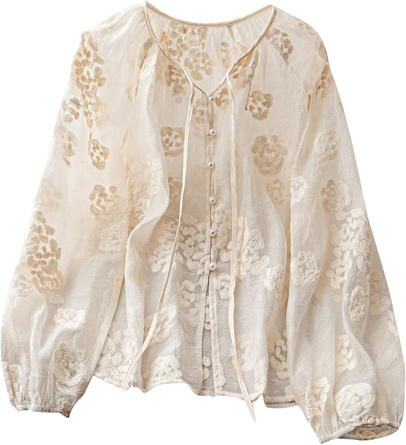 GORGLITTER Women's Boho Peasant Blouses Floral Embroidered Tops Summer Sheer Tie Front Flowy Long... | Amazon (US)