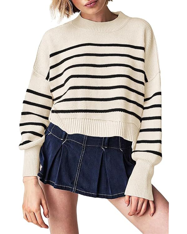 Womens 2023 Trendy Cropped Sweaters Knit Ribbed Easy Street Stripe Crop Pullover Sweater Tops | Amazon (US)