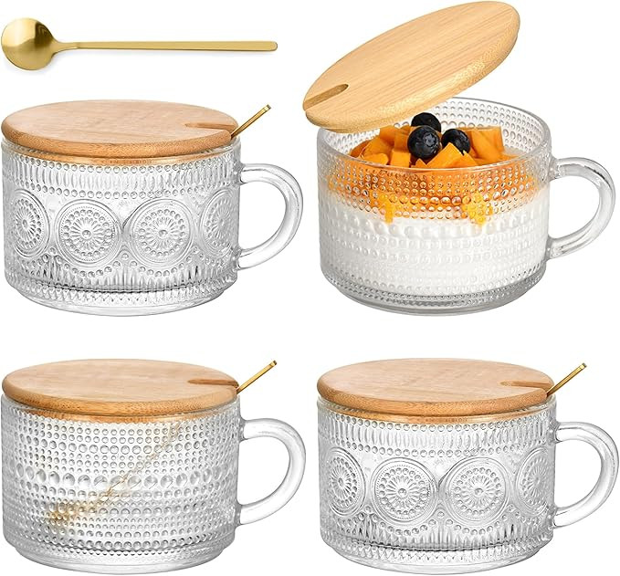 Vintage Glass Coffee Mugs 4 Set, 14oz Overnight Oats Containers with Bamboo Lids and spoon, Glass... | Amazon (US)