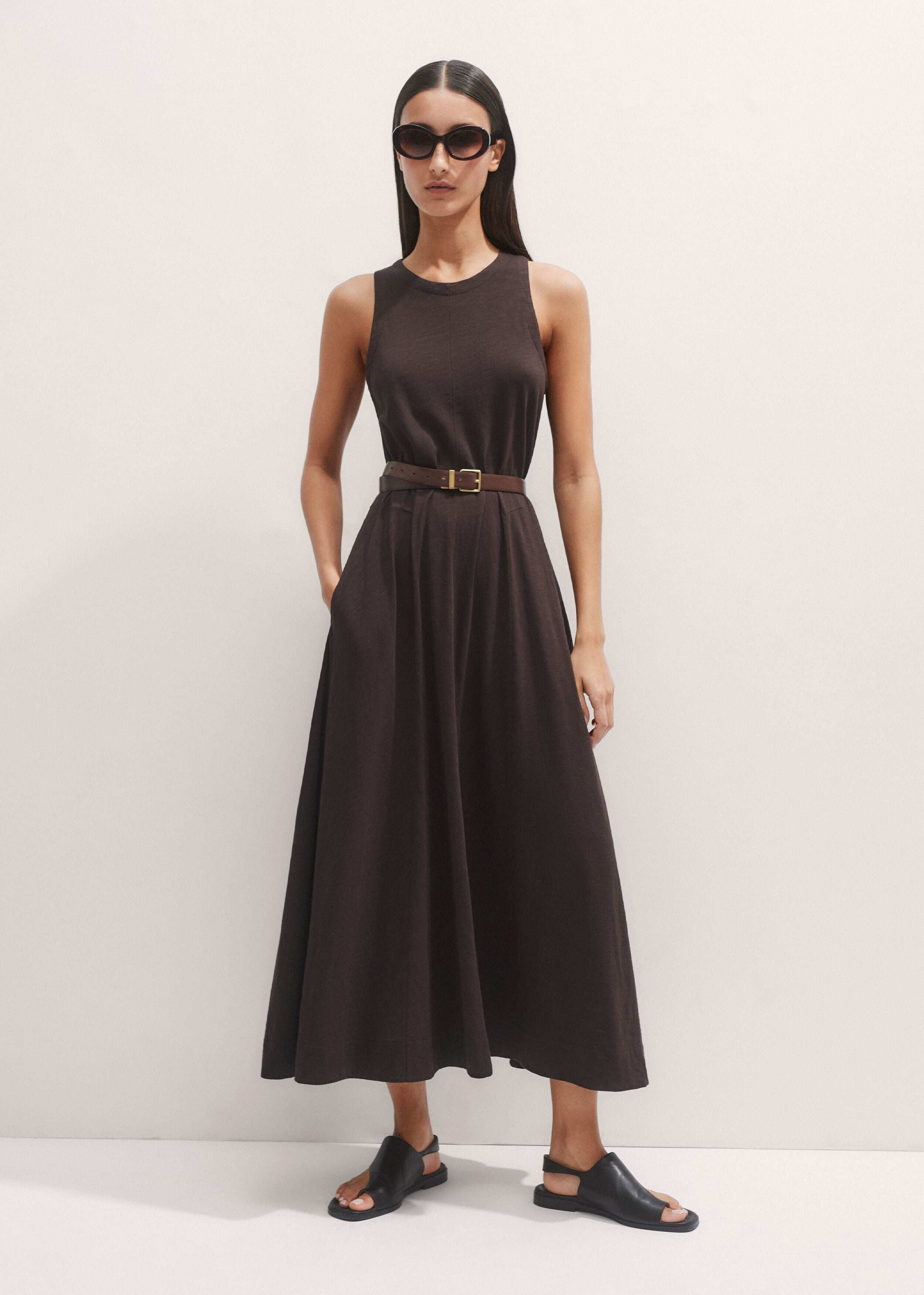 Women's Brown Flared Slub Jersey Maxi Dress | ME+EM | ME+EM US