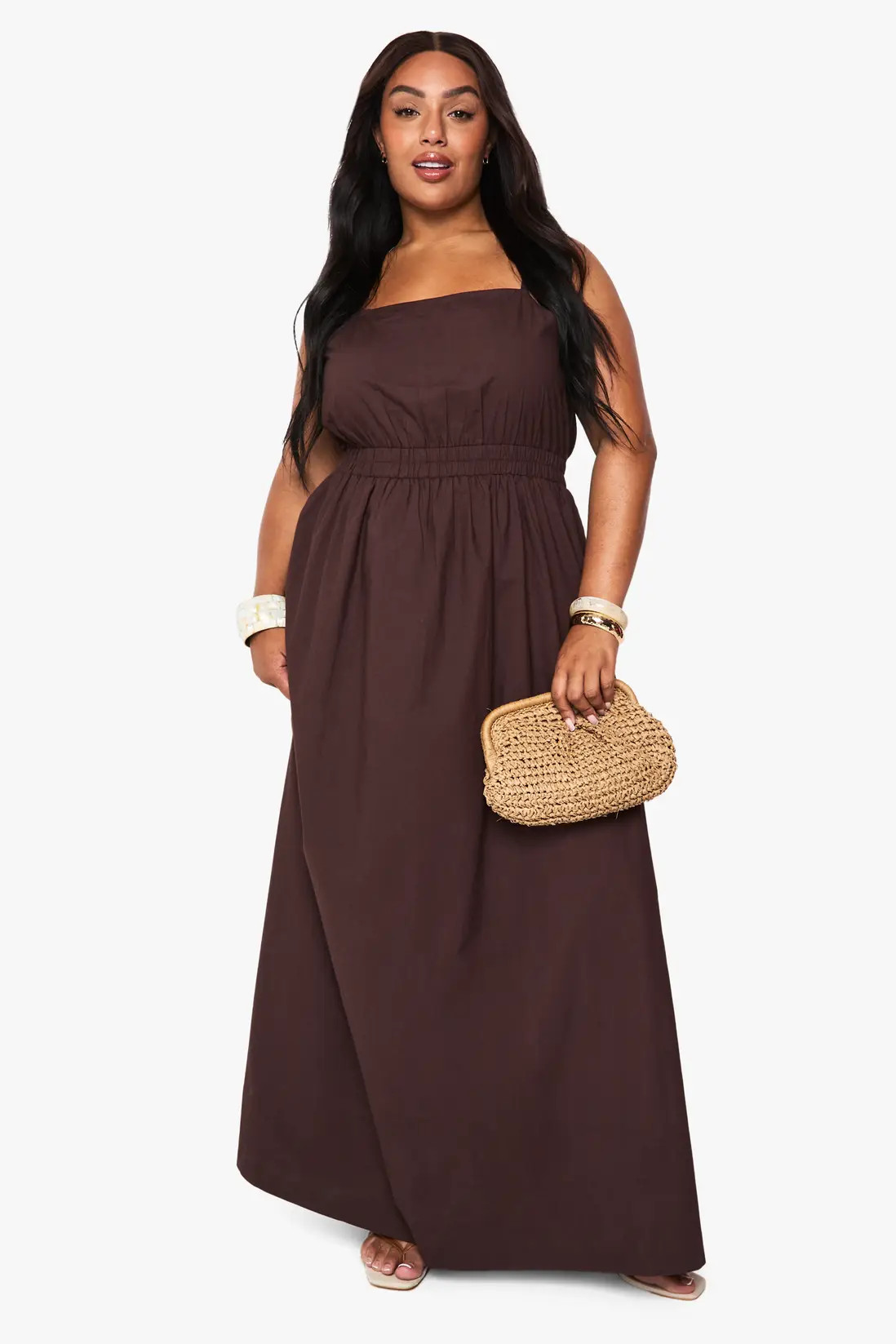 Chocolate boohoo Plus Cotton Poplin Midaxi Dress | PrettyLittleThing USA | PrettyLittleThing US