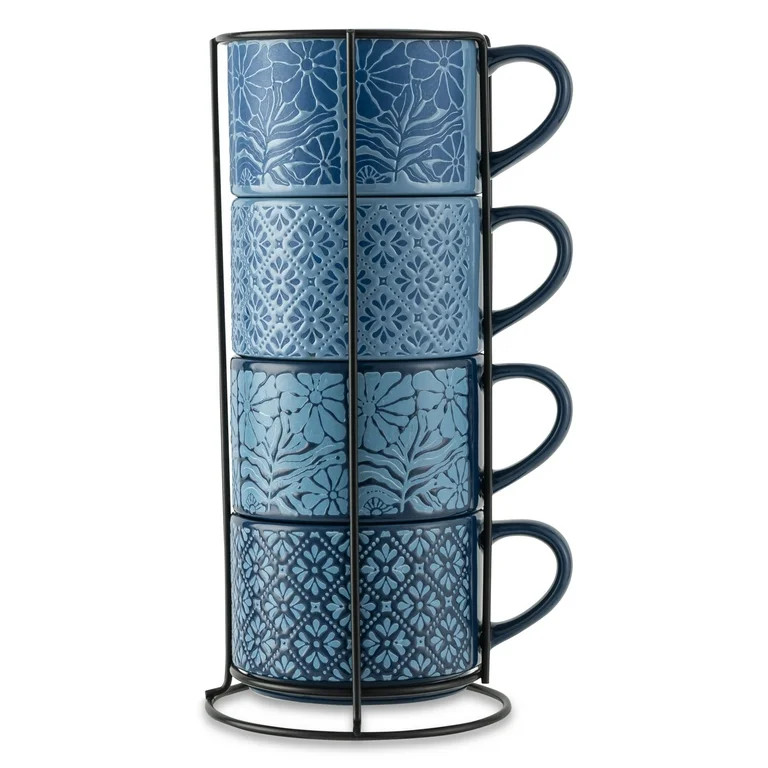 Thyme & Table 11.1 fl oz Blue Flowers and Blue Shapes Stoneware Stacking Mugs with Wire Rack, Set... | Walmart (US)