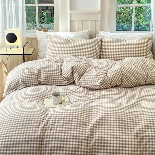 LifeTB Tan Gingham Grid Duvet Cover Queen 3 Pieces Beige Plaid Duvet Cover 100% Washed Cotton Boho Plaid Comforter Cover with 2 Pillowcases Farmhouse Checkered Gingham Bedding Set Queen | Amazon (US)