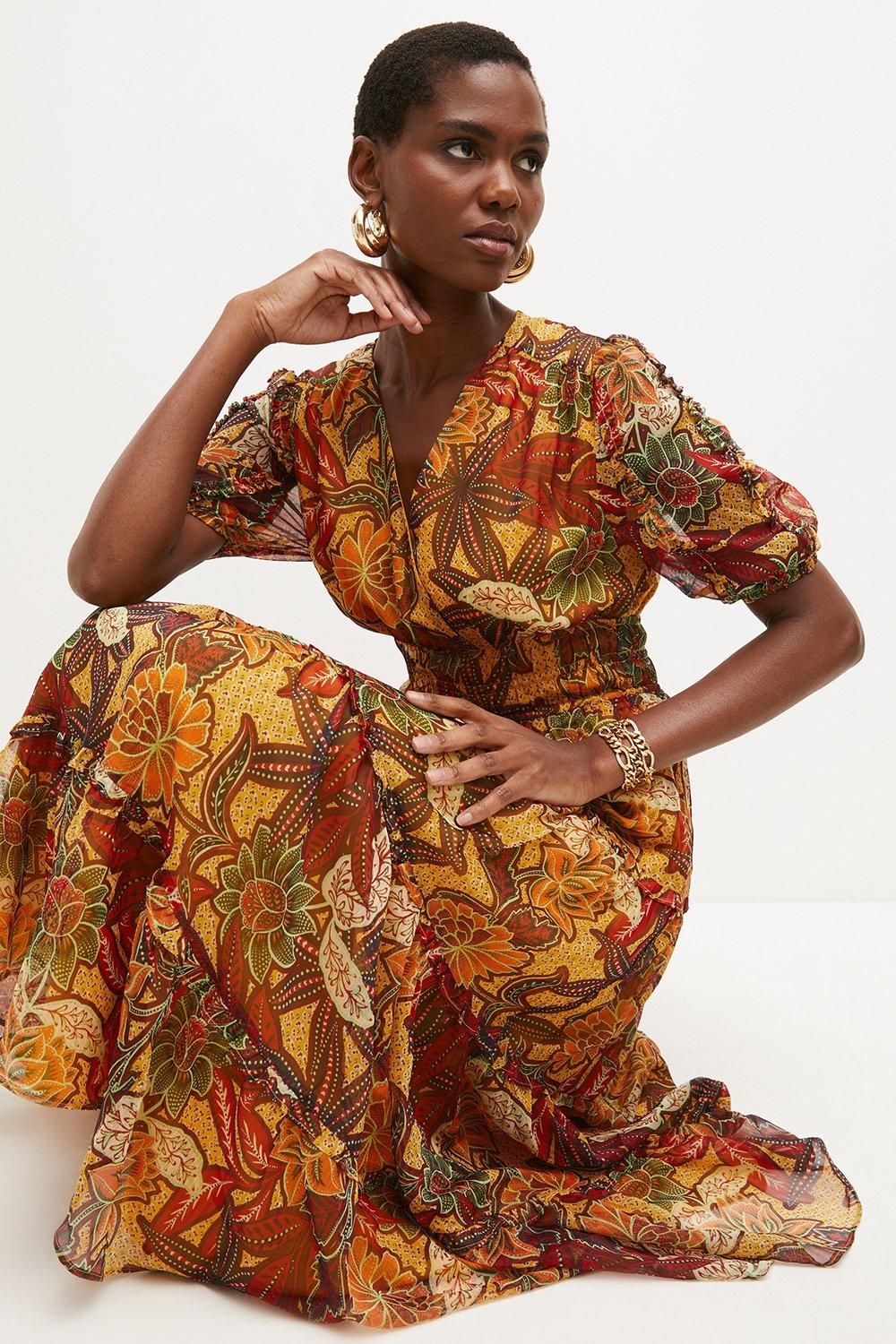 Batik Print Ruffle Shirred Woven Maxi Dress | Karen Millen US
