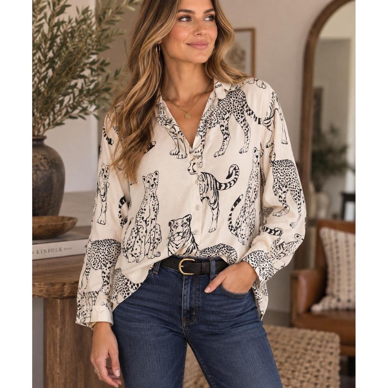 Chic Tiger Cheetah Safari Button Down Shirt Cream... | Depop | Depop US