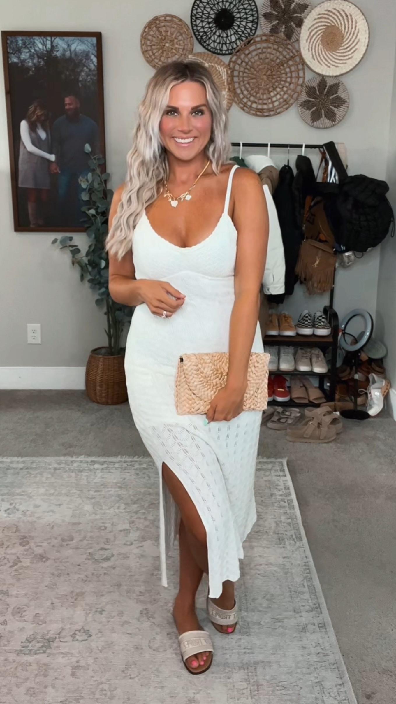 I cannot believe how good this Hollister haul is! This crochet-style midi dress is absolutely stunning and so on trend this summer. Perfect as a beach family photos dress, date night dress or even an off white rehearsal dinner dress. I styled with designer inspired slide flip flops and a rattan clutch purse. Add simple accessories and this look can be dressed up or down! BONUS: dress also comes in pink, olive green, chevron green, and black and white chevron style.

#LTKParties #LTKSeasonal #LTKFindsUnder50