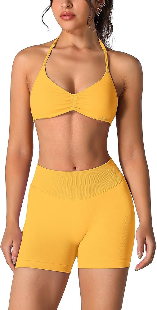 ABOCIW Womens Seamless Workout Sets 2 Piece Strappy Halter Sports Bra Scrunch Butt Shorts Gym Yog... | Amazon (US)