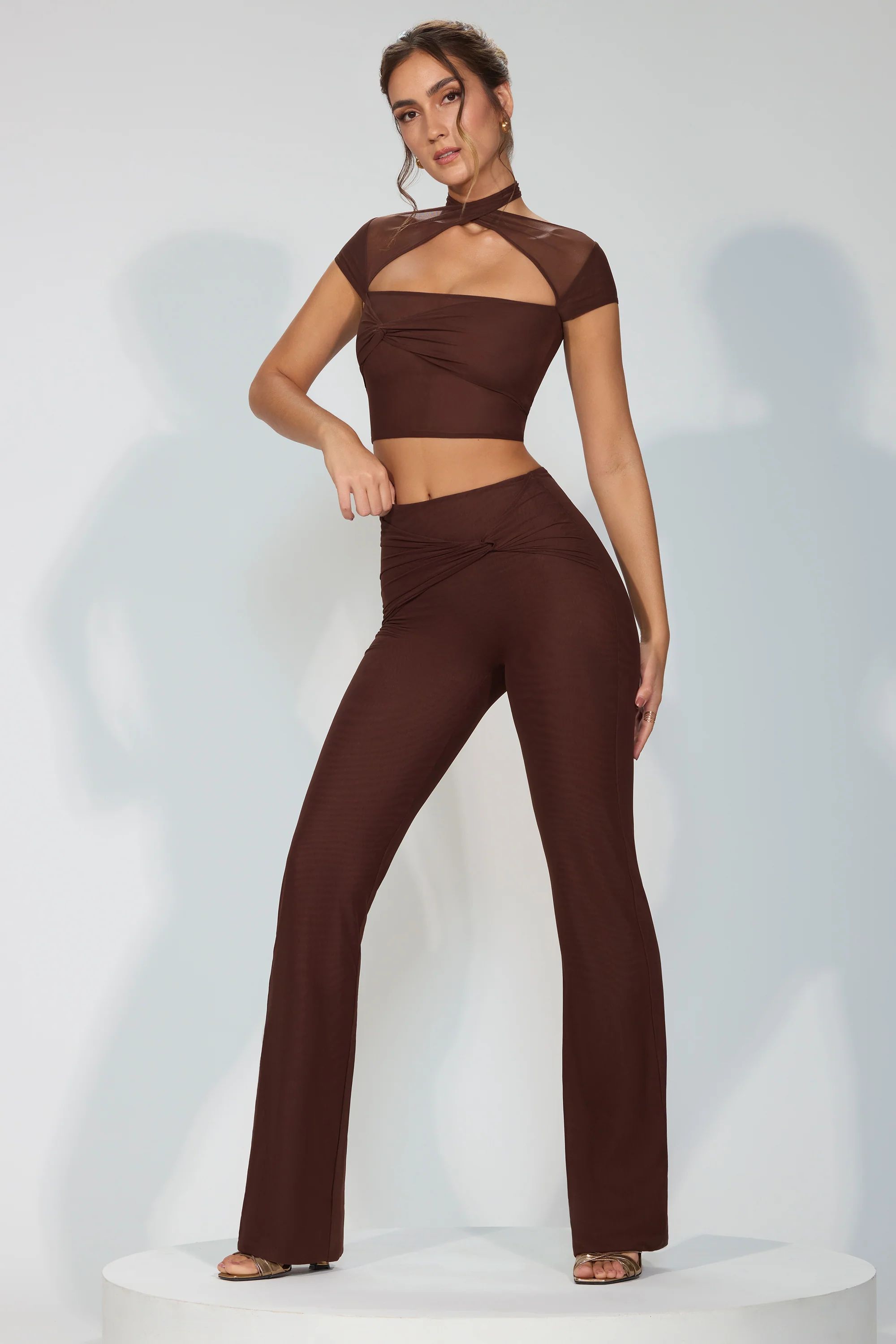 Mesh Mid Rise Twist Overlay Flare Trousers in Espresso | Oh Polly