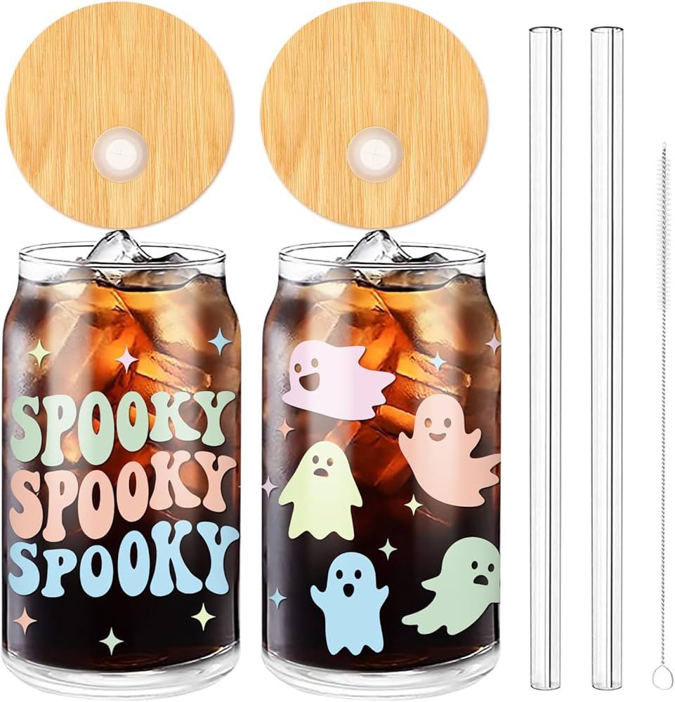 Whaline 2Pcs Halloween Glass Cup Pastel Spooky Ghost Drinking Glasses 16oz Colorful Iced Coffee C... | Amazon (US)