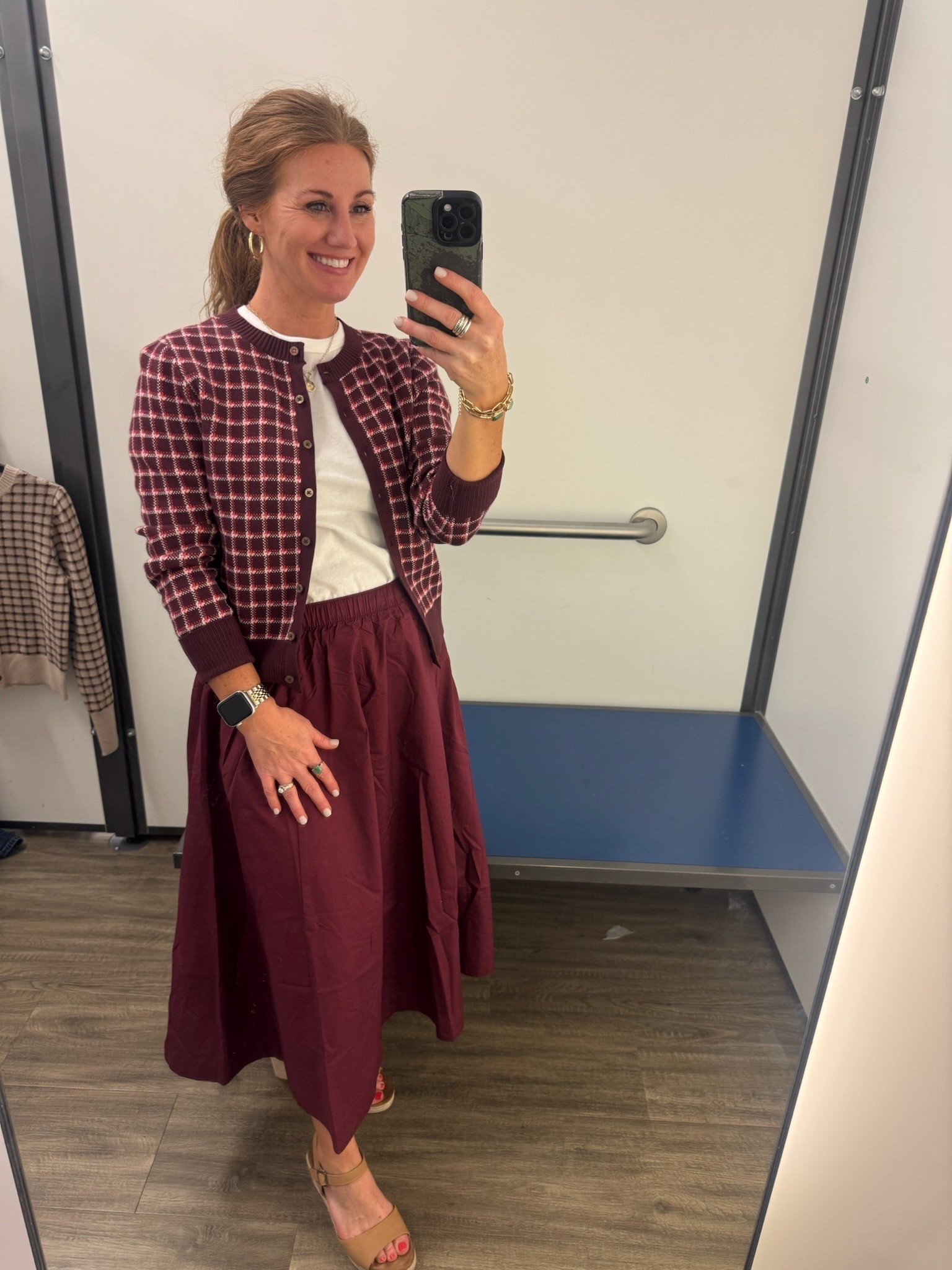 This outfit is probably my favorite of the try on. Old Navy always has great basic tees and I love it paired with a fun printed cardigan. She’s added a bold colored skirt for a matching look that is perfect for Fall.

#LTKOver40 #LTKootd #LTKWorkwear