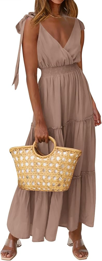 PRETTYGARDEN Women's Cross Neck Summer Sleeveless Tiered Maxi Dress Beach Tie Strap Smocked Long ... | Amazon (US)