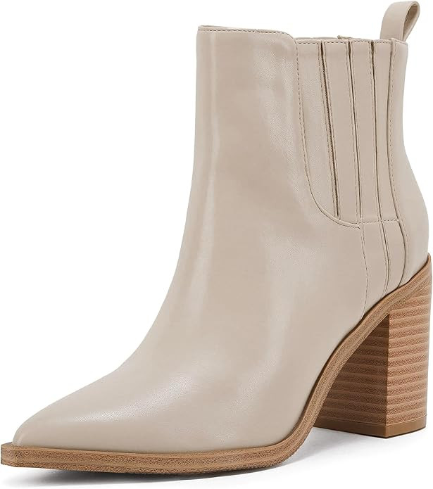 Womens Ankle Boots Slip on Pointed Toe Chunky Block Mid Heel Leather Elastic Panel Casual Chelsea... | Amazon (US)