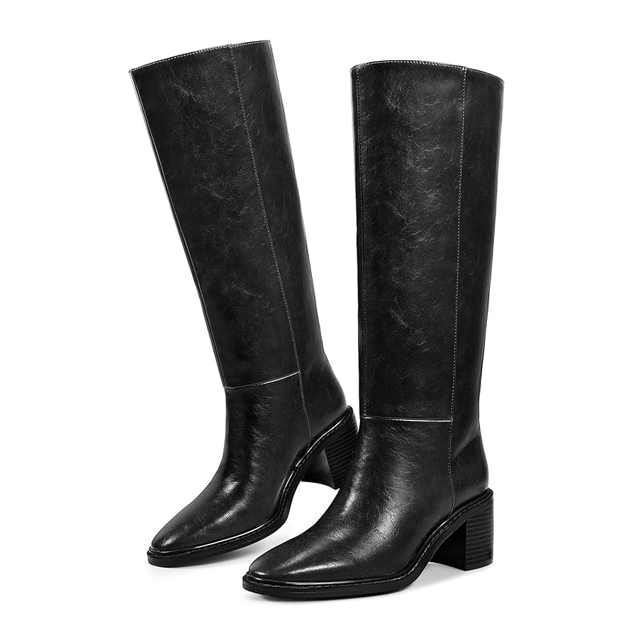wetkiss Womens Knee High Boots Tall Riding Boots with Block Chunky Heel Almond Round Toe and Low ... | Amazon (US)