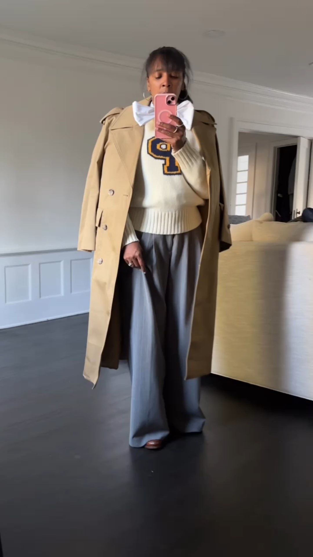 Trench coat cropped trench wide leg pants polo varsity sweater loafers #style #fashion #nyc 

#LTKStyleTip #LTKOver40 #LTKWorkwear