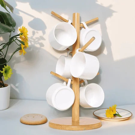 Qoosea Mug Holder,Mug Rack Coffee Cup Holder Tree 6 Hooks,Coffee Bar Accessories Mug Organizer Tree Wood Coffee Mug Holder for Counter (Wood color) | Walmart (US)