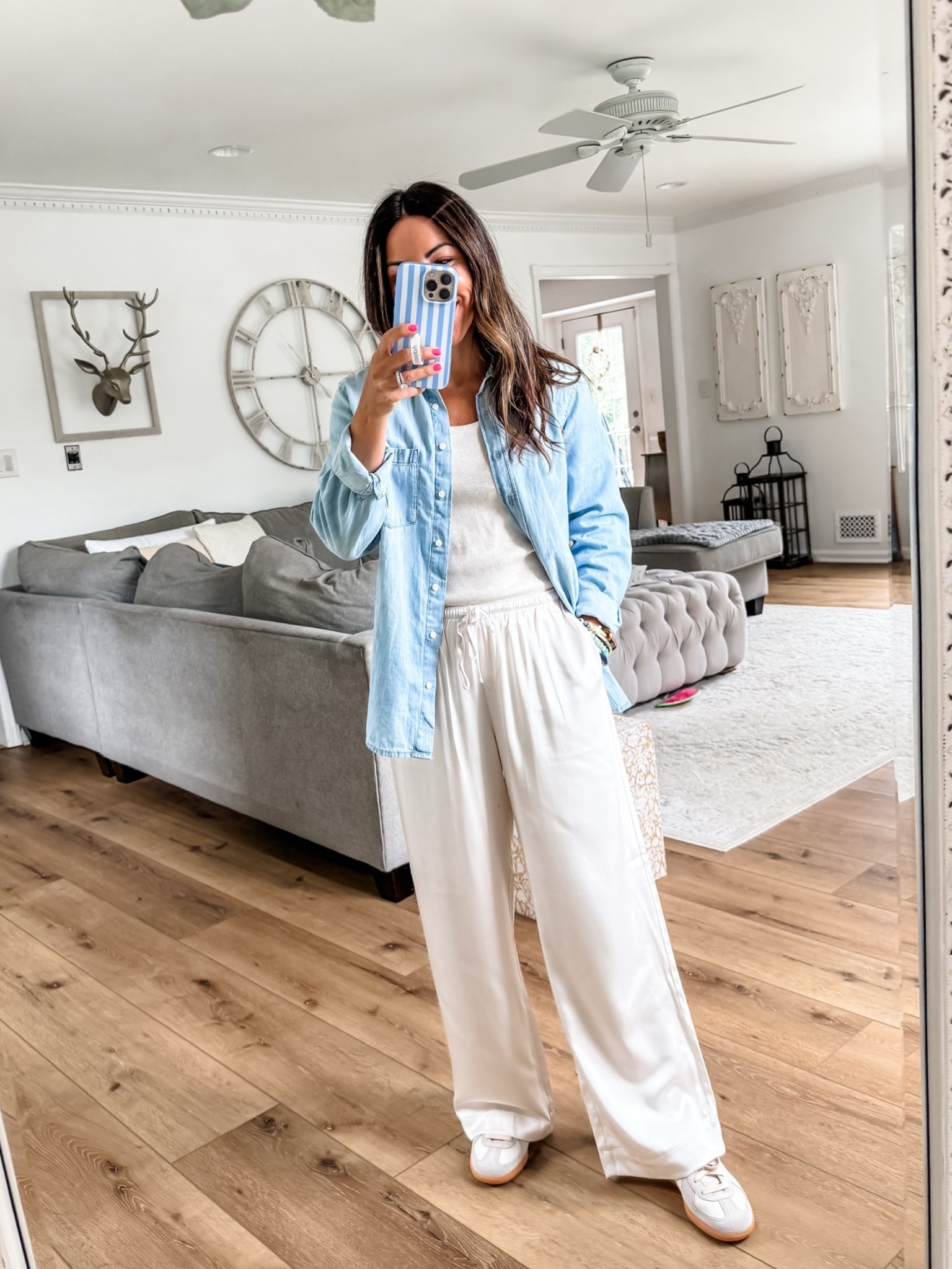 Small denim shirt. Satin pants Xs short, but prefer small short.

#LTKOver40 #LTKPetite #LTKSaleAlert