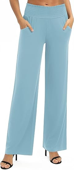 EXCHIC Women's Loose Straight Leg Palazzo Pants High Elastic Waist Causal Trousers with Pockets | Amazon (US)