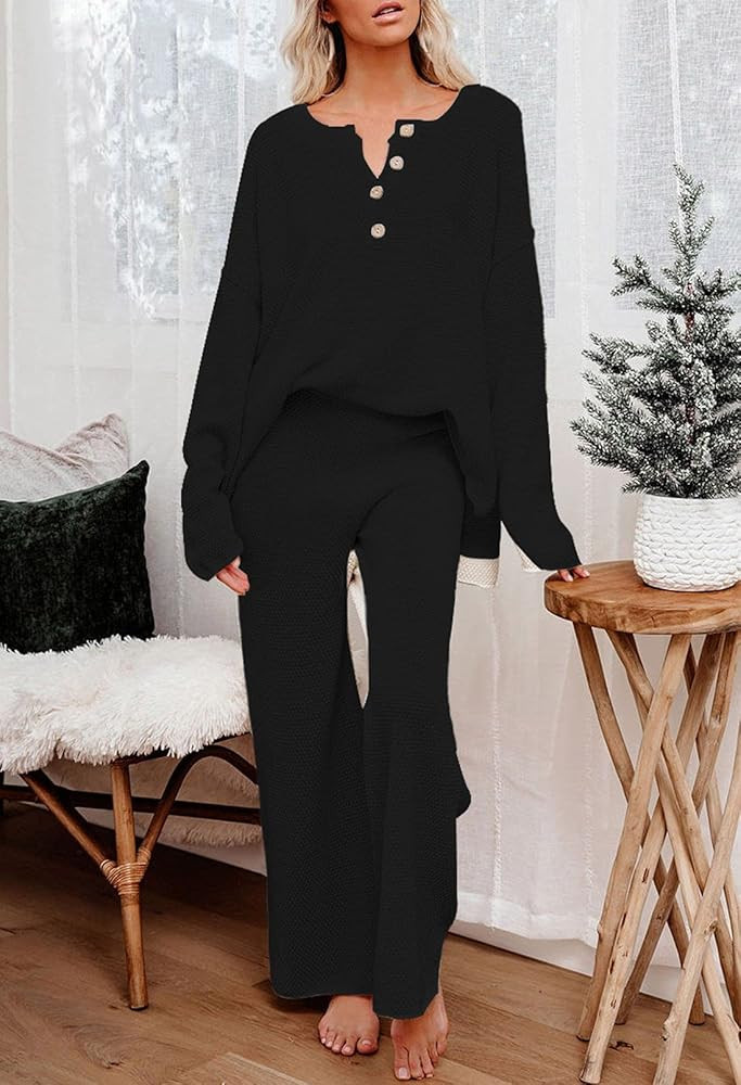 Pink Queen Women's 2 Piece Outfit Set Long Sleeve Button Knit Pullover Sweater Top and Wide Leg Pant | Amazon (US)
