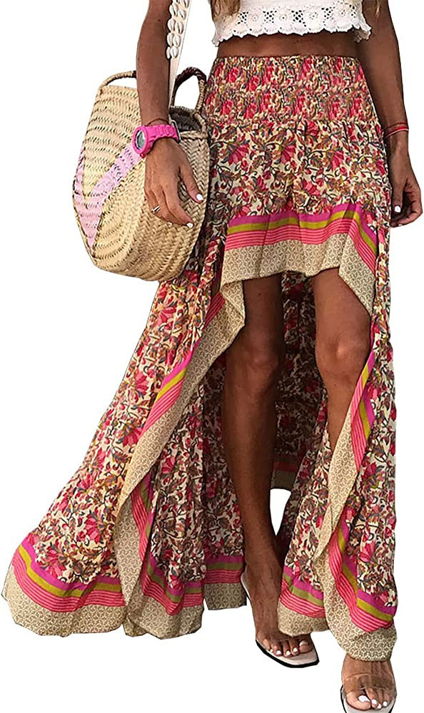 BTFBM Women 2023 Summer Spring Boho Long Skirts Dress Floral Print Elastic Waist Split Ruffle Hig... | Amazon (US)