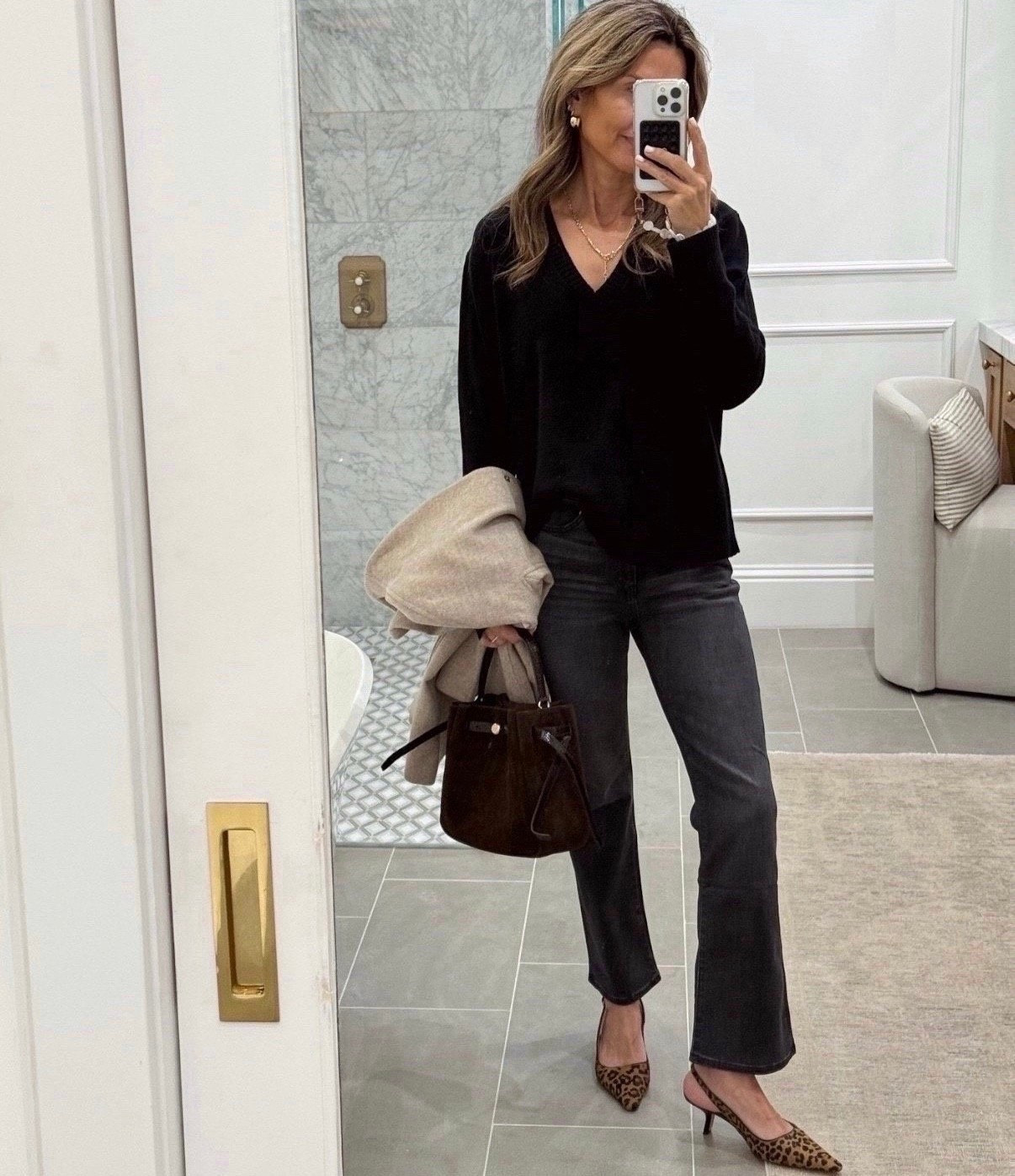 -Quince kick flare jeans. I size up one size, I’m 5’6”
-black v-neck sweater 
-leopard heels TTS.

#LTKOver40 #LTKSeasonal #LTKootd
