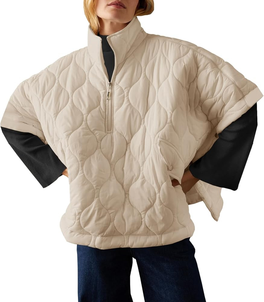 Fazortev Women's Puffer Poncho Pullover Quilted Jacket Short Sleeve Half Zipper Coat Cape Outerwe... | Amazon (US)