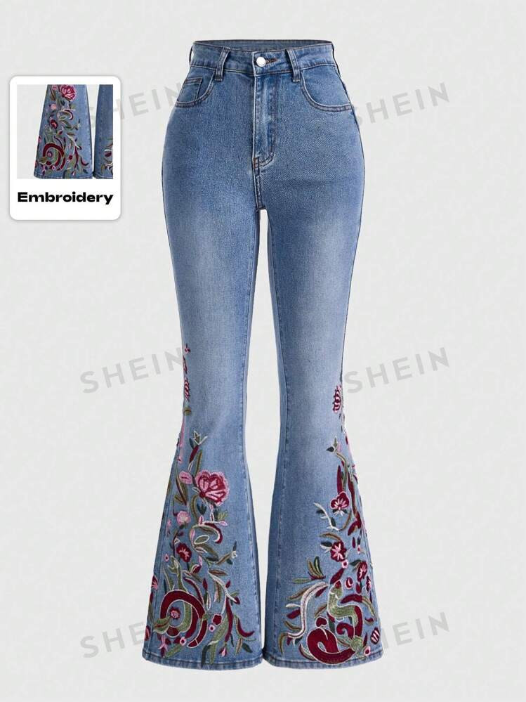 ROMWE Hippie Ladies' Floral Embroidered Flared Jeans, School | SHEIN