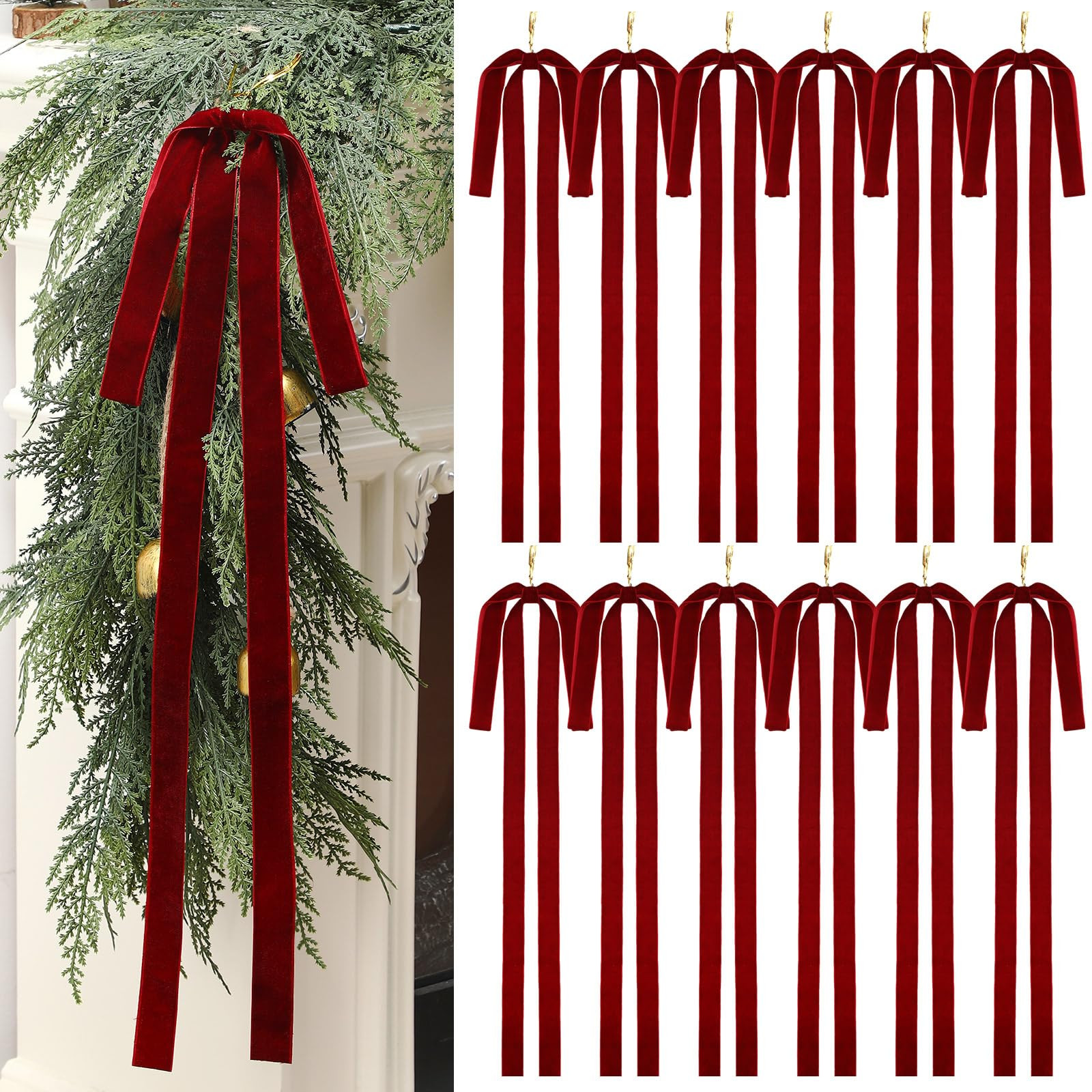 Janinka 12 Pcs Velvet Christmas Swag Bow 23.5x15.5 Inch Rustic Large Velvet Christmas Staircase W... | Amazon (US)