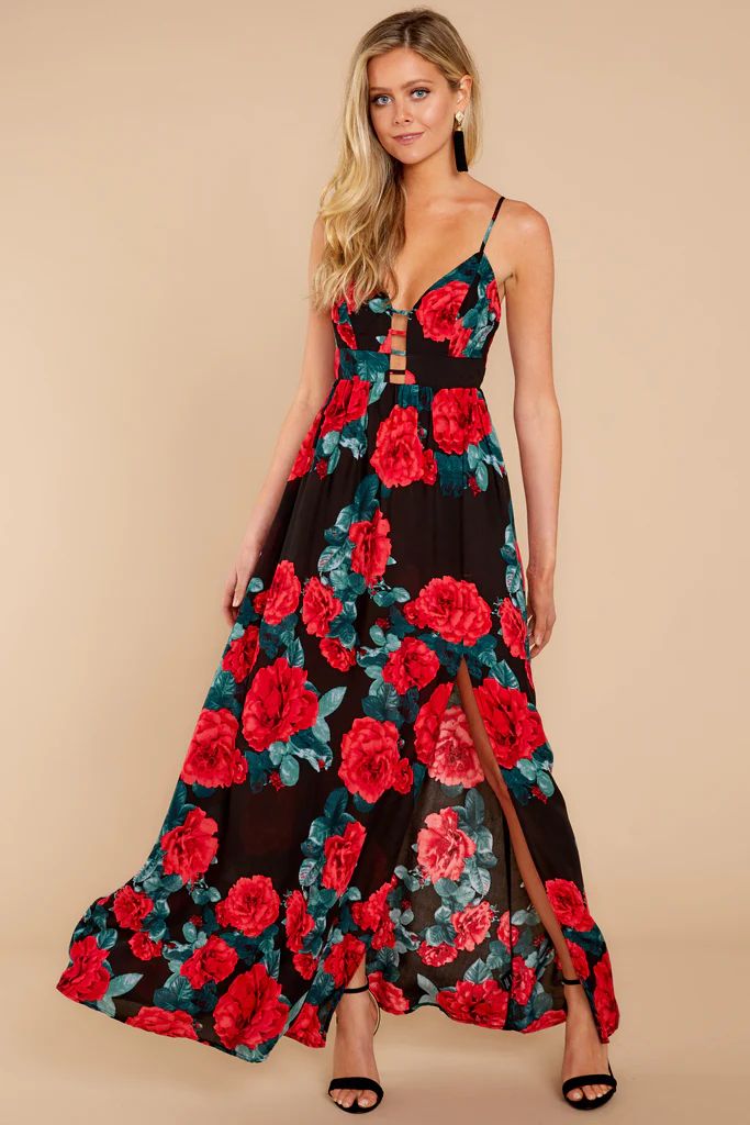 Give Her All the Roses Black Print Maxi Dress | Red Dress 
