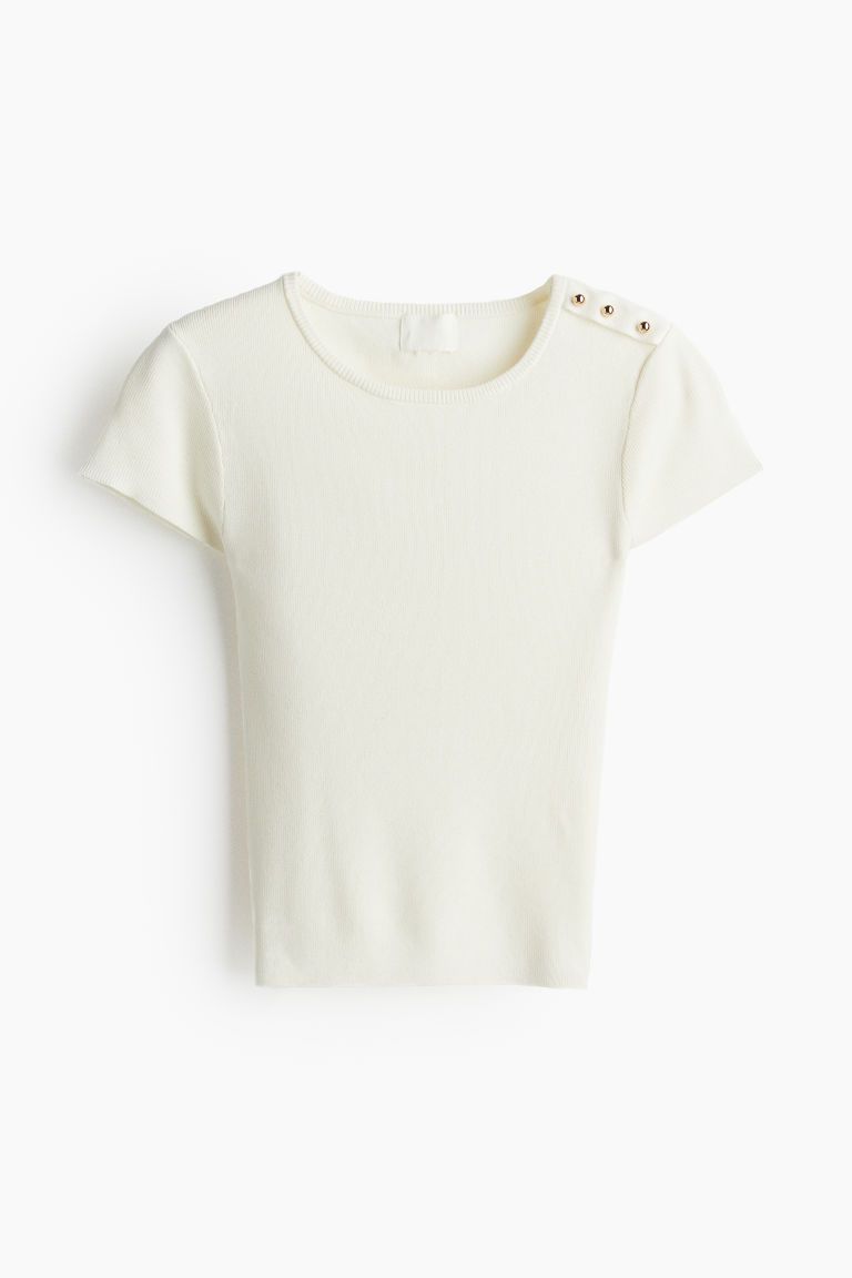 Button-detail top - Round neck - Short sleeve - Cream - Ladies | H&M GB | H&M (UK, MY, IN, SG, PH, TW, HK)