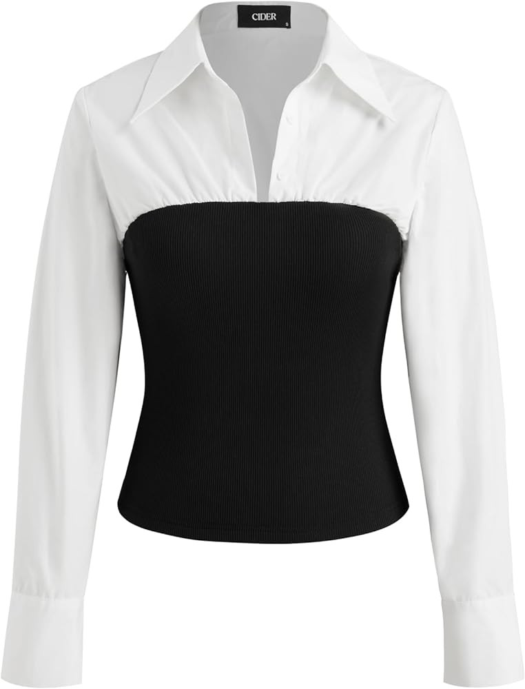 CIDER Collar Patchwork Button Long Sleeve Blouse | Amazon (US)