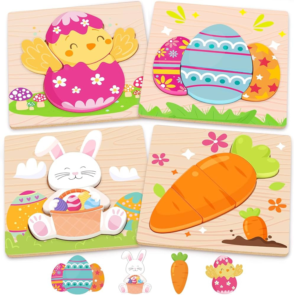 Easter Toys Gifts for Kids Toddlers - 4 Pack Wooden Puzzles with Rabbits, Carrots, Chicks, Eggs D... | Amazon (US)
