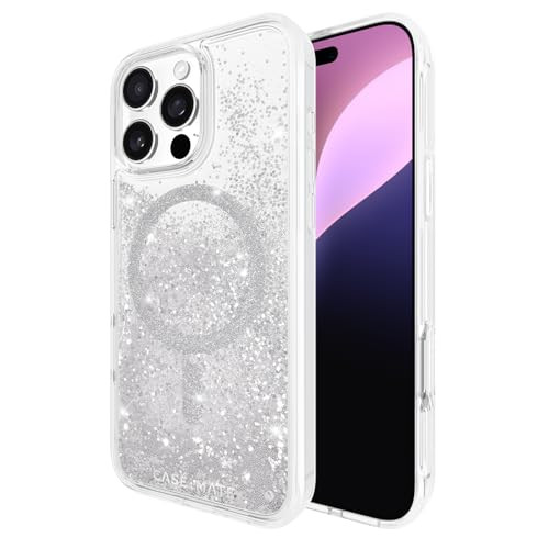 Case-Mate iPhone 16 Pro Max Case [Compatible with MagSafe] - Sparkly Liquid Glitter Phone Case with 12ft Drop Protection - Premium Magnetic Cover for iPhone 16 Pro Max - Silver Waterfall | Amazon (US)