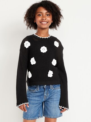 Long-Sleeve Crochet-Floral Sweater for Girls | Old Navy (US)