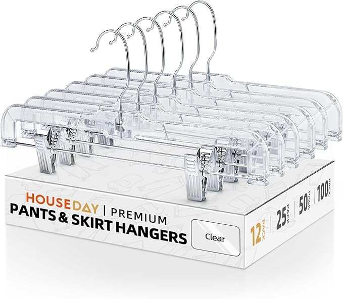 HOUSE DAY 12 Pack 14 inch Clear Plastic Skirt Hangers with Adjustable Clips, Pants Hangers 360-Ro... | Amazon (US)