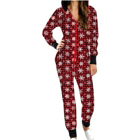 Woman Hooded Overalls Plaid Casual Holiday Christmas Graphic One Piece Hood Sleep Shirt Overalls for | Walmart (US)