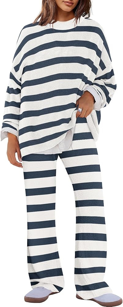 Panadila Womens Oversized Lounge Sets Striped Sweater Set 2 Piece Pajama Set Long Sleeve Top and ... | Amazon (US)