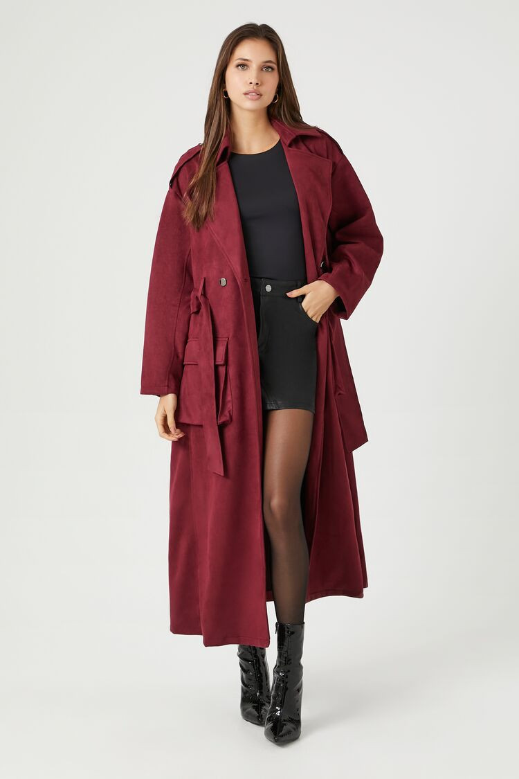 Women's Belted Faux Suede Trench Coat in Wine Medium | Forever 21