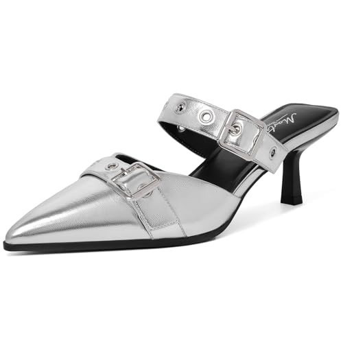 Mostrin Silver Kitten Mules Heels for Women Studded Heeled Mules Pointed Closed Toe Heels Slip on Stiletto Pumps Shoes Size 11 | Amazon (US)