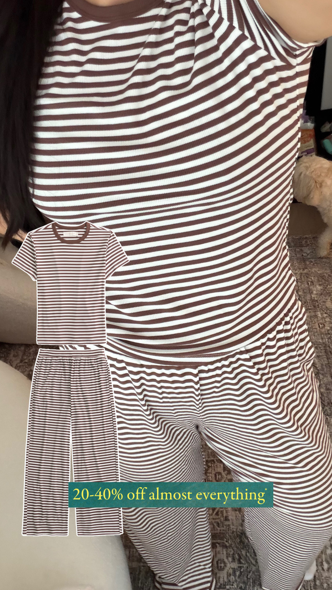This Abercrombie lounge set is one of the comfiest things I’ve bought lately. The brown and cream stripes give it that elevated, effortless look while still feeling super cozy and relaxed. Perfect for slow mornings, travel days, or just lounging at home, and the fit is so flattering without sacrificing comfort. Even better that almost everything is currently 20–40% off. 

 #LTKgrwm #LTKootd #LTKSeasonal
