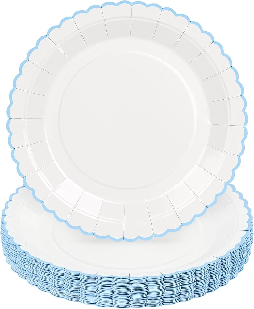 30 Pcs Blue and White Paper Plates, 9 Inch Baby Shower White Dinner Plates, Baby Blue Scalloped P... | Amazon (US)