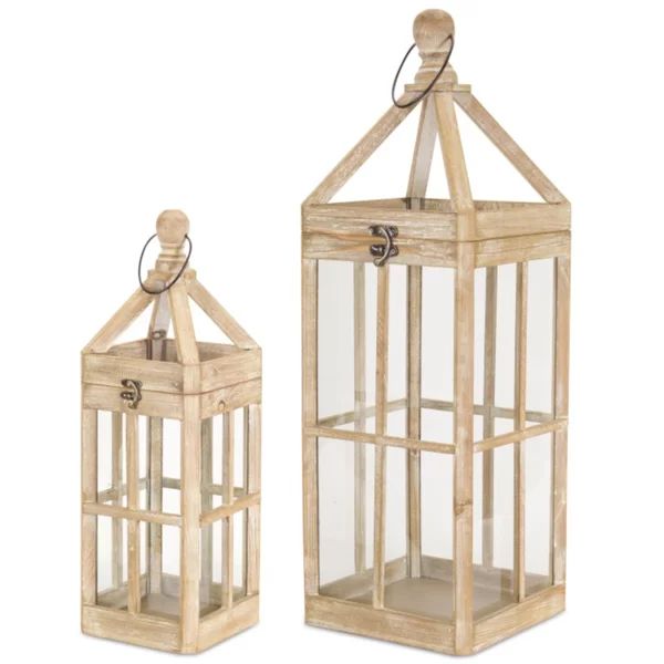 2 Piece Glass/Wood Lantern Set (Set of 2) | Wayfair North America