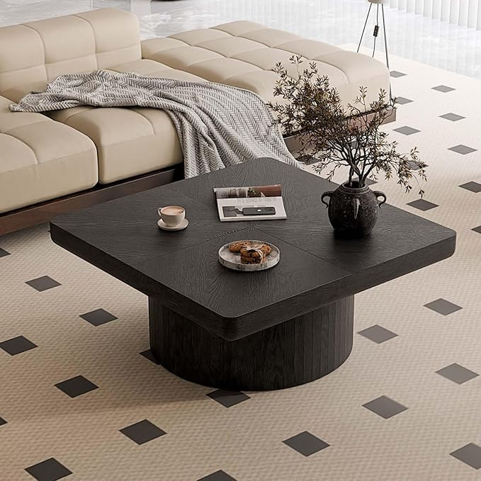 34.6" Square Coffee Table with Cylindrical Leg, Modern Wooden Coffee Table with Solid Wood Veneer... | Amazon (US)