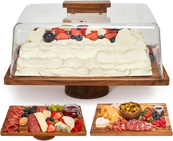 Acacia Wood Cake Stand with Lid –2-in-1 Rectangular Charcuterie Board & Dessert Display, Shatte... | Amazon (US)