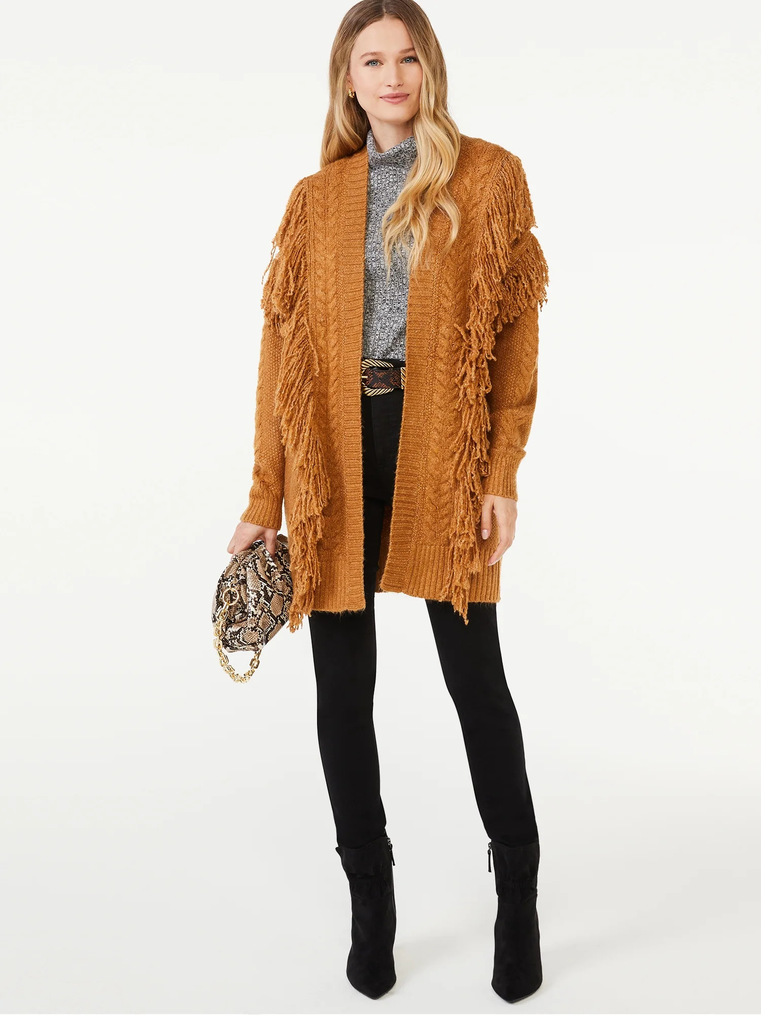 Scoop - Scoop Women's Fringe Cardigan Sweater with Belt - Walmart.com | Walmart (US)