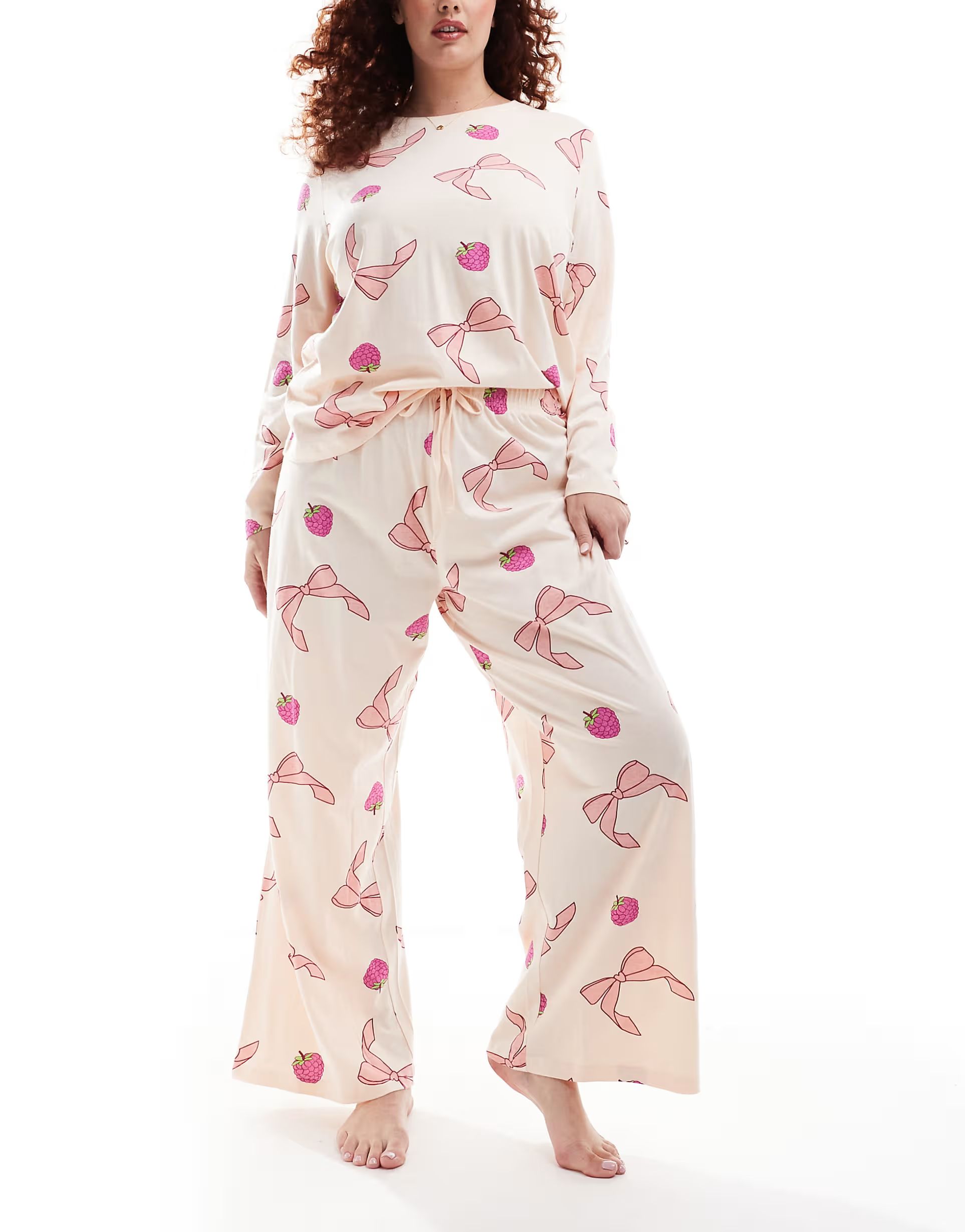 ASOS DESIGN Curve bow and fruit long sleeve top & trouser pyjama set in pink | ASOS (Global)