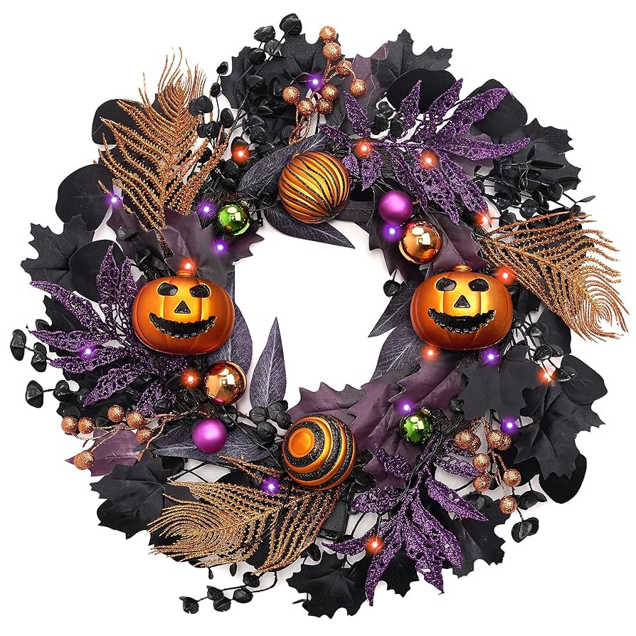 Valery Madelyn Halloween Wreath for Front Door with Lights, 18 Inch Pre-Lit Jack-o'-Lantern Pumpk... | Amazon (US)