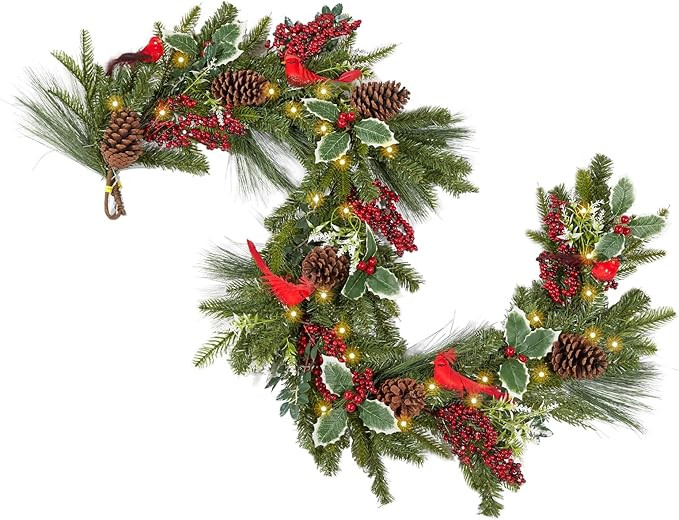 WBHome 6ft Pre-lit Deluxe Real Touch Prelit Christmas Garland Winter Greenery with Cardinal, Holl... | Amazon (US)