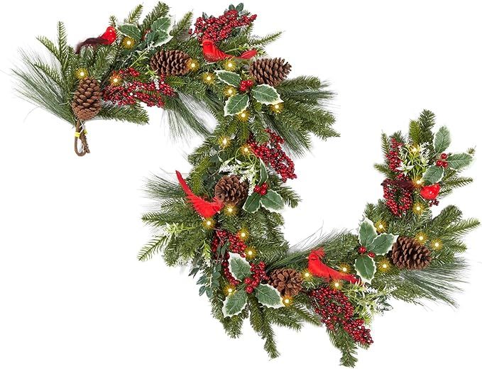 WBHome 6ft Pre-lit Deluxe Real Touch Prelit Christmas Garland Winter Greenery with Cardinal, Holl... | Amazon (US)